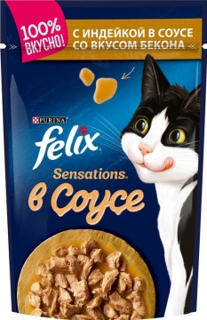 Felix Sensations корм для кошек кусочки в удивительном соусе индейка/бекон пакетик 85гр./6шт. Феликс