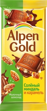 Альпен Гольд 85гр. шоколад молочый с соленым миндалем и карамелью/21шт. Alpen Gold