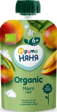 ФрутоНяня 90гр. Пюре из манго натуральное для питания детей раннего возраста. Органический продукт.